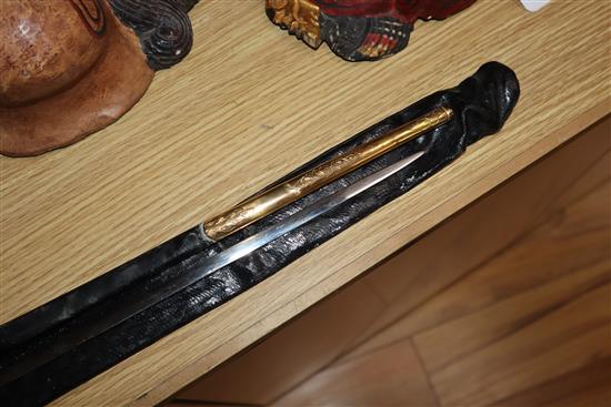 A Court sword having gilt metal hilt and etched blade, with frog, leather scabbard and outer case